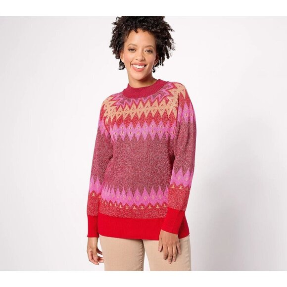 Denim & Co. Signature Fair Isle Mock Neck Sweater Cranberry,XS - Picture 1 of 1
